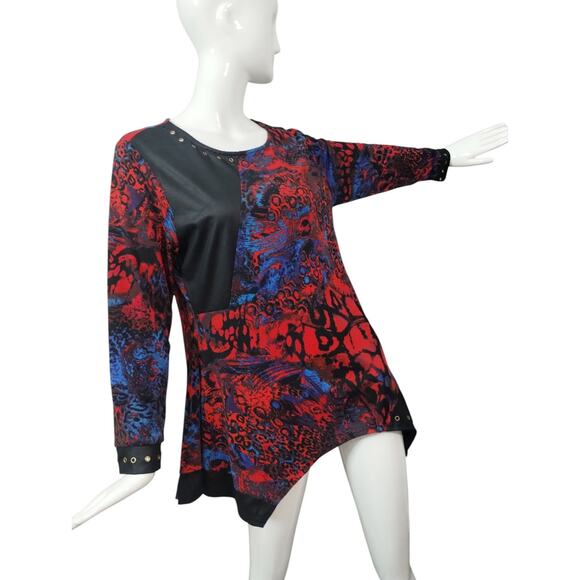 Calessa Womens size L Mixed Media Patchwork Asymmetrical Artsy Grommet Gothy Top - Picture 2 of 12